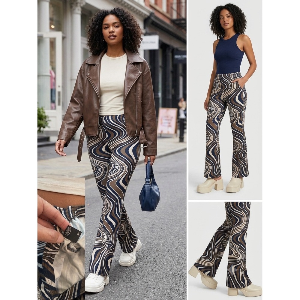 Cider Womens XS Brown Navy Swirl Psychedelic Flare Leg High Waist Retro Pants